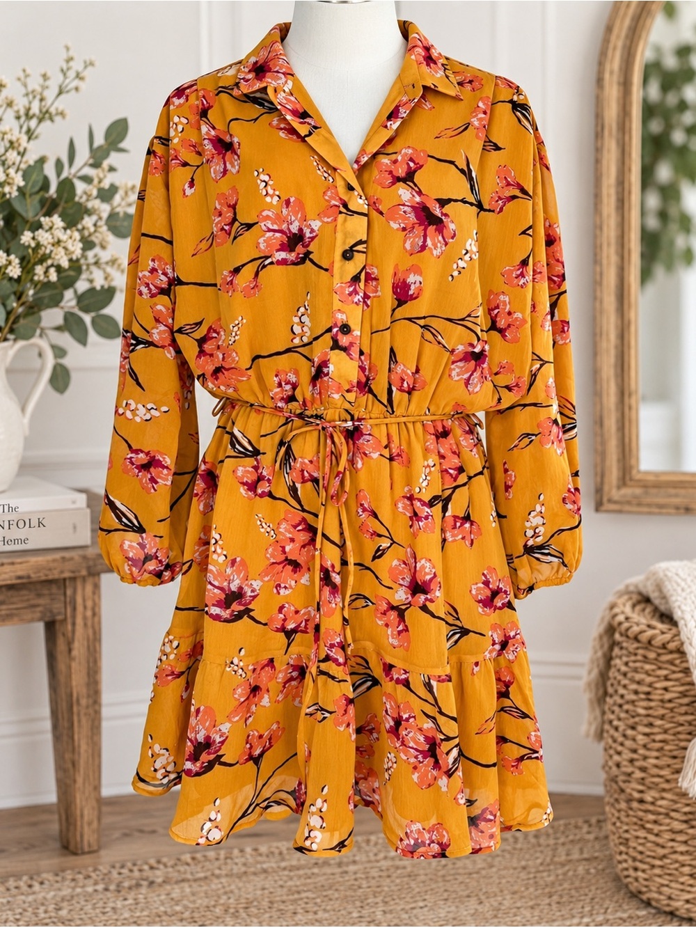 NWT Fraiche by J Nora Floral Print Long Sleeve Mini Dress L
